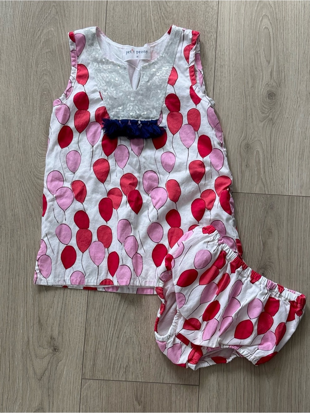 Petit Peony Pink & Red Balloon Print Toddler Dress with Bloomers